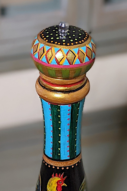 Hand-painted Pepper Mill with Two Cockerels by Jenny Edwards-Moss in Stow-on-the-Wold