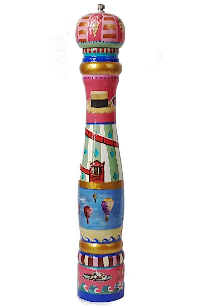 Full-length image of my hand=painted Pepper Mill with a Helter Skelter seaside theme