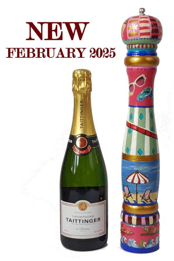 New Pepper Mill with a Helter Skelter theme. Standing next to a bottle of Taittinger Champagne to give the viewer an idea of scale