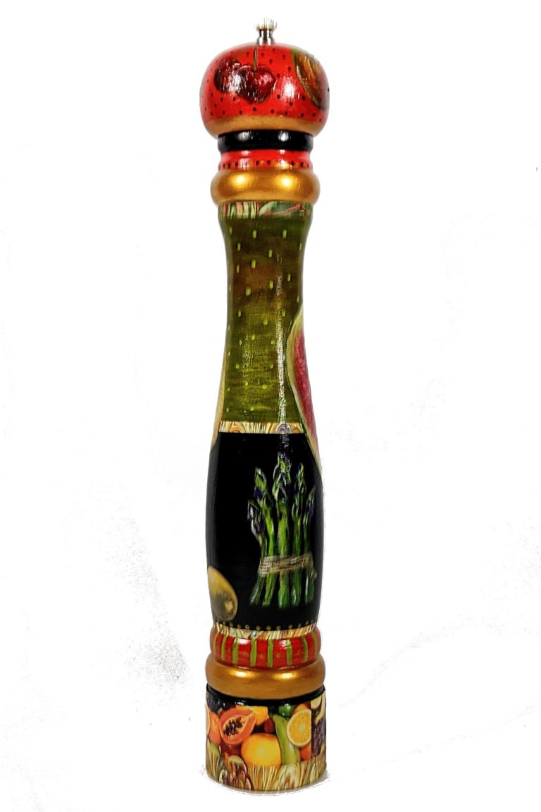 Hand-painted pepper mill showing a bunch of asparagus and a melon