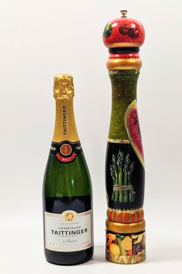 Hand=painted pepper mill with images of Asparagus and a Melon